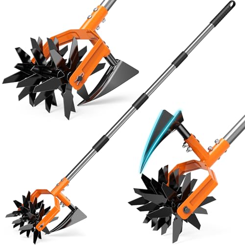GINMIC Hand Tiller Garden Cultivator, Garden Tiller with Upgrated Triangle Hoe and Adjustable Long Handle, 2-in-1 Weeder & Soil Aerator for Lawn Care, Cultivate, Plant, Reseed, Gardening Hand Tools