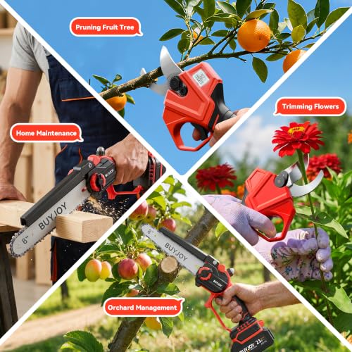 BUYJOY 4-in-1 Electric Pruning Shears & 8 Inch Pole Saw Combo - color: Red-black