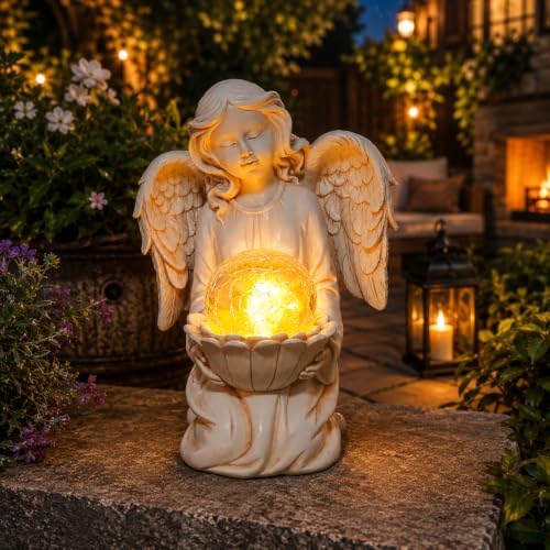 Angel Garden Statues, Outdoor Angel Holding Lotus with Crackled Glass Globe - style: Lotus
