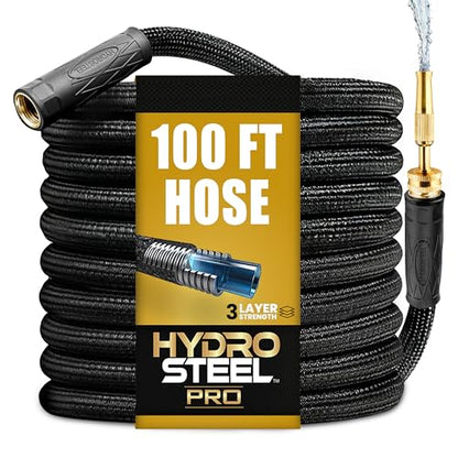 Hydrosteel PRO 100 Ft Heavy Duty Metal Garden Hose with Nozzle, Water Hose Made from 304 Stainless Steel, Flexible, Lightweight, Brass Crush Resistant Fittings, Kink Free, 5/8” Diameter, 600 PSI - size: 100 Feet