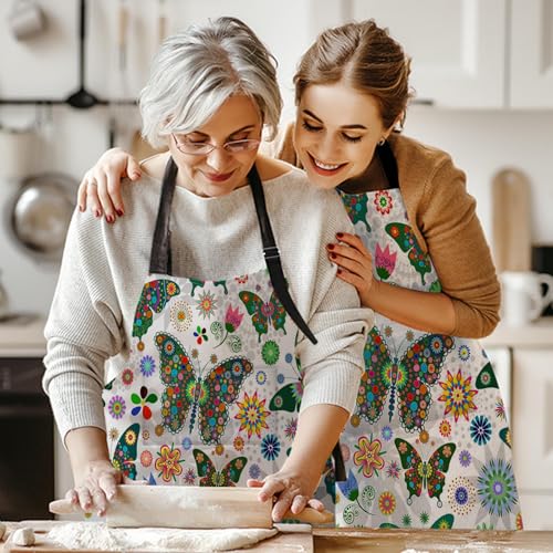 Britimes Butterfly Apron Floral Colorful Butterflies Flowers Aprons Kitchen Cooking Gardening for Women With Pockets - color: Cute Aprons 3