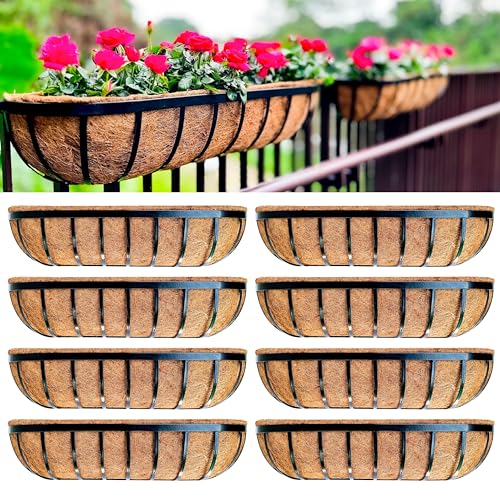 LaLaGreen Outdoor Wall Planter - 8 Pack, 30 Inch Large Metal Basket with Coco Liner, Long Window Flower Box Deck Railings Hanging Horse Trough Balcony Plant Pot Garden Fence Balcony Patio Rail - size: 30" x 8