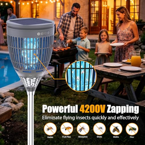Rossetta Solar Bug Zapper Outdoor, Fly Zapper with Flame & Projector Light - color: Gray