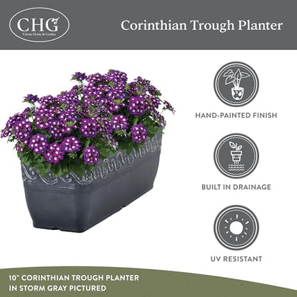 Classic Home and Garden Corinthian Resin Flower Pot Rectangle Planter, Concrete Grey, 18"