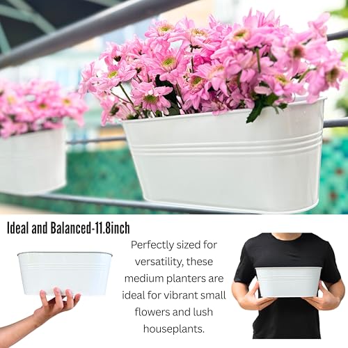 LaLaGreen Outdoor Rail Planter (11.8 in, 8 Pack) White Metal Fence Buckets - size: 11.8" (30 cm) x 8 Pack