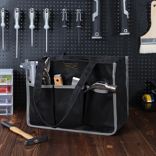 Durable 16OZ Waxed Canvas Tool Bag with Handle - A Large Main Pocket and 6 Exterior Pockets (12.5 x 6.5 x 9.5 Inches) Black - color: Black