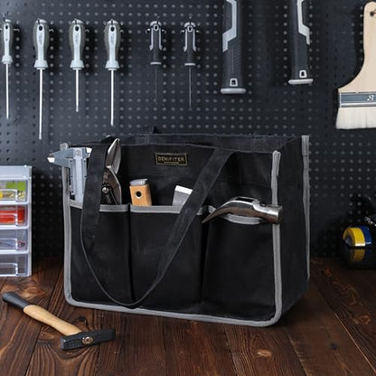 Durable 16OZ Waxed Canvas Tool Bag with Handle - A Large Main Pocket and 6 Exterior Pockets (12.5 x 6.5 x 9.5 Inches) Black - color: Black