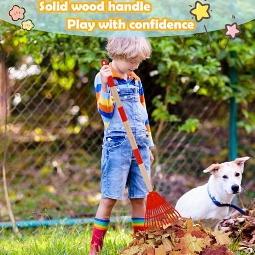 Kids Leaf Rake - 3-Section Adjustable Handle, Lightweight, Wood & Plastic, Small Garden Tool for Children (Red) - color: Red