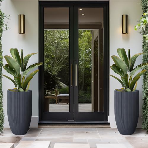 Kante Small Round Tapered Charcoal Concrete Planter 24" Tall, Outdoor - color: Textured Charcoal, size: 24" Tall