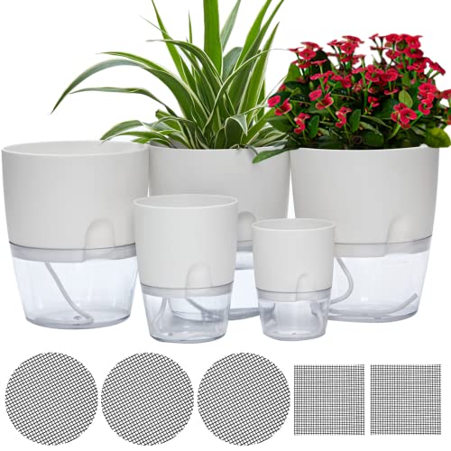 Self Watering Pots for Indoor Plants, 5 Pack 6/4.1/3.2 Inch Flower Pot Modern Decorative Plastic Planter with Extra Large Water Storage for All House Plants, Flowers, Herbs(White) - color: White, size: 6in(3)+4.1in(1)+3.2in(1)
