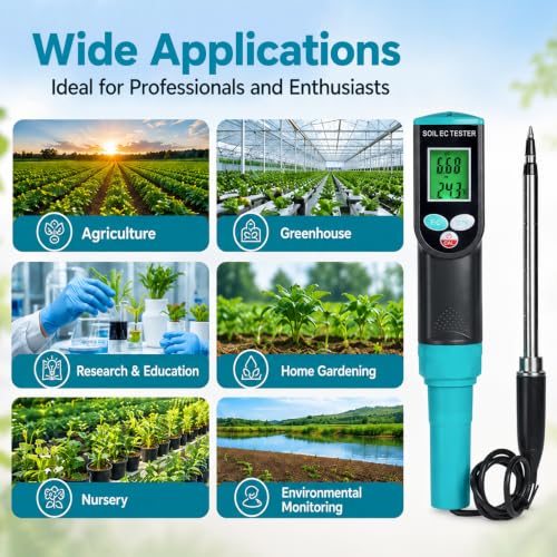 Digital Soil EC Meter 2-in-1 Porfessional Plants EC Temperature Tester Meter with Corded Sensor, Backlight LCD Display, Temperature Compensation, Easy Calibration for Soil Plants Lawn Nutrient Test