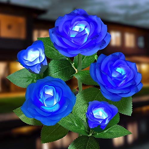 Solar Flower Lights Outdoor - Upgraded New Material Two Modes Realistic LED Solar Powered Waterproof Lights with 5 Roses, Solar Decorative Stake Lights for Garden (Blue, 1 Pack) - color: Blue, size: 1 Pack