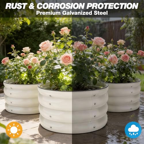 SHALL 3PCs Galvanized Raised Garden Bed Kit, 2x2x1ft Round Planter Boxes Outdoor W/Mini Seed Spreader, Disk Seeder, 2X Seeding Transplanters, Protective Gloves for Flowers Fruits Vegetables Herbs