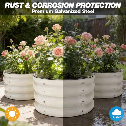 SHALL 3PCs Galvanized Raised Garden Bed Kit, 2x2x1ft Round Planter Boxes Outdoor W/Mini Seed Spreader, Disk Seeder, 2X Seeding Transplanters, Protective Gloves for Flowers Fruits Vegetables Herbs