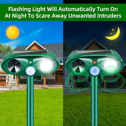 2 Pack Solar Ultrasonic Animal Repeller with USB-C Fast Charge, Double-Sealed IP65 Waterproof Deterrent for Garden, Motion Sensor Deer Cat Dog Skunk Rabbit Raccoon Squirrel Repellent