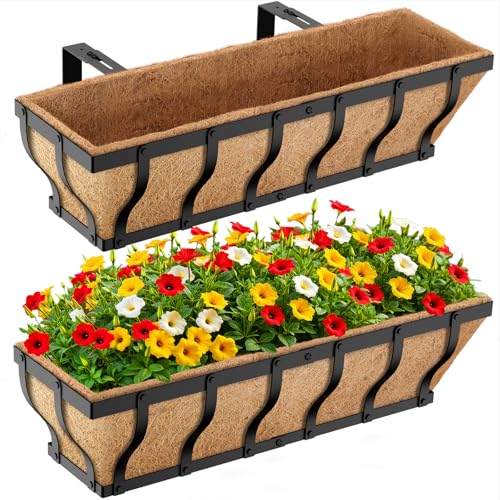 VOXOR Railing Planter Boxes, Heavy Duty Window Box Planters, Adjustable Balcony Planters for Railing Hanging, with Coco Liner for Deck, Porch, and Patio Gardening (2 Pack, 24 Inch) - size: 24 Inch
