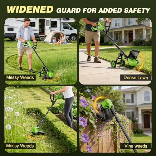 Cordless Weed Wacker with Wheels, 21V Battery Powered Weed Eater with 8 Spools & 2 Batteries, Lightweight Lawn Mower & Adjustable Grass Cutter Tools for Yard, Lawn Care
