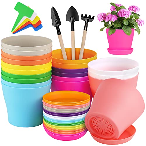 Hahood 20 Pack Plastic Planters 5.5 Inch Plant Flower Pot with Trays, Seedlings Nursery Pots Planter Flower Container Seed Pots for Seedling, Transplanting, Cutting, Assorted 10 Colors - size: 5.5 Inches