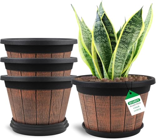 4 Pack 14 inch Plant Pots,Whiskey Barrel Planters with Drainage Holes - size: 14 inch