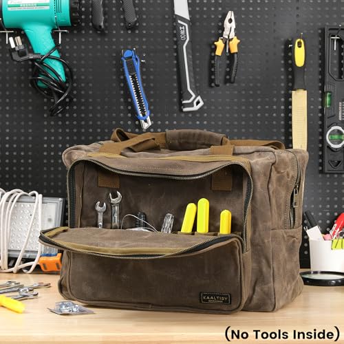 Kaaltisy 16oz Waxed Canvas Tool Bag – Robust Zipper Garden Tools Tote with 3 Compartments & Padded Handle (Grey) – Tool Organizer for Gardening Wire Cutters Goggles - color: Grey