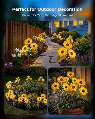 Brightown 6 Pack 3 Head Solar Sunflower Garden Stake Lights Waterproof - color: Yellow, size: 6 Packs