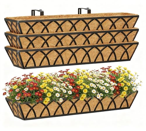 Y&M 4 Pack Hanging Railing Planter Boxes, 30 Inch Adjustable Balcony & Deck Planter, Heavy Duty Metal Flower Box for Porch, Fence & Window, Outdoor Plant Holder - size: X shape 30in 4P