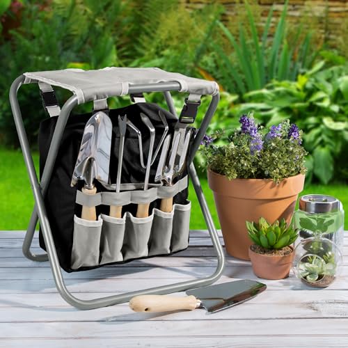 Pure Garden Folding Stool with 250lb Capacity and Garden Tools Set, Gray - color: Tan/Green