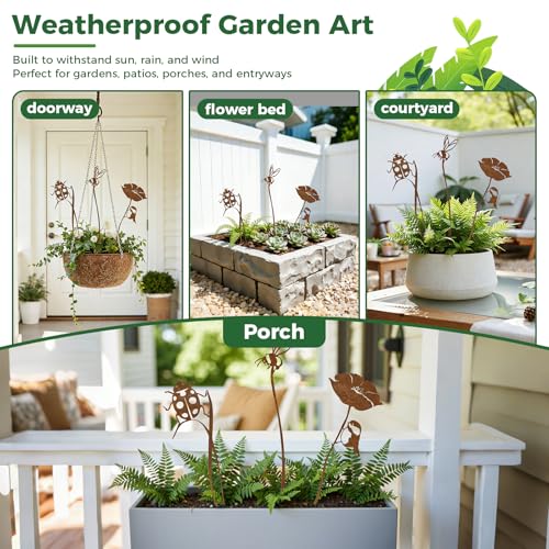 3-Pack Rust-Finish Ladybug, Bee and Flower Garden Stakes - style: Ladybug & Bee Flower Set