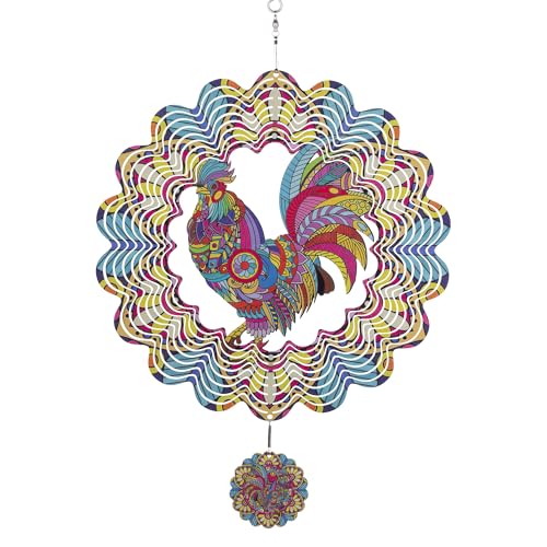 12 Inch Rooster Hanging Wind Spinners, 3D Kinetic Metal Wind Spinner - color: Red & Yellow