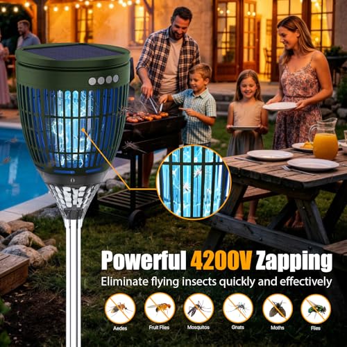 Rossetta Solar Bug Zapper Outdoor, Fly Zapper with Flame & Projector Light - color: Olive Green