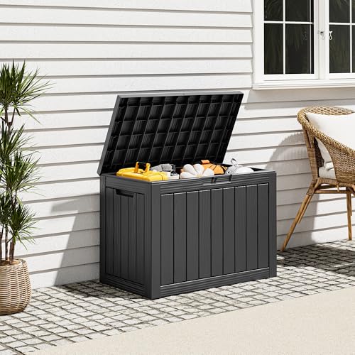 Waterproof Outdoor Storage Box, Resin Patio Bin,50 Gal,Black - color: Striped Black, style: 50 Gallon