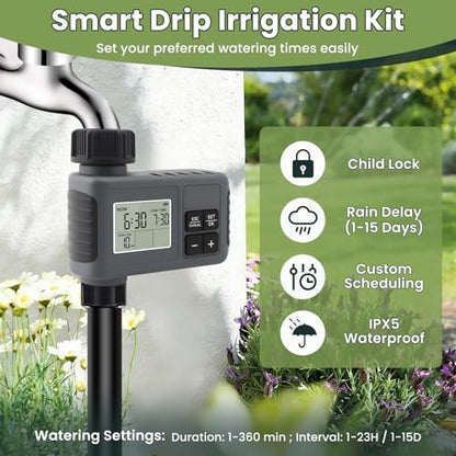 200FT Automatic Drip Irrigation Kits with Water Timer 360° Bendable Spray