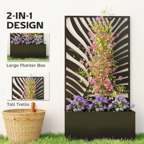 Outsunny Metal Raised Garden Bed with Trellis, Large Leaf Cut-Out - style: Large Leaf Cut-Out