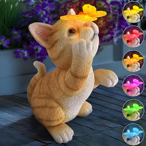 Solar Garden Statue Cat Figurine,Resin Outdoor Decor for Patio Yard - color: Cat