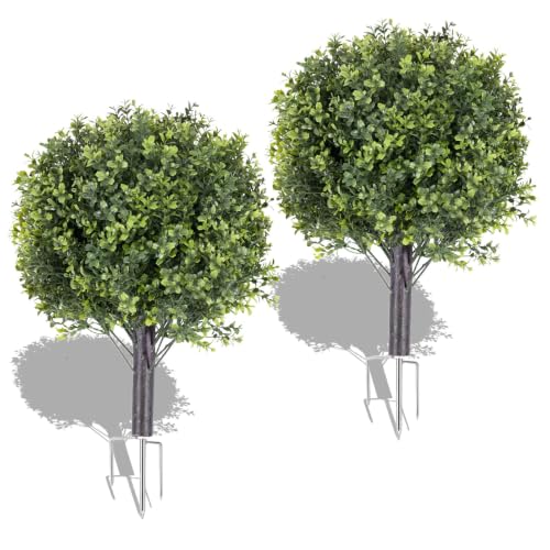 24" Set of 2 Artificial Boxwood Topiary Ball Trees, UV Resistant Fake Bushes Shrubs with Metal Stake, Lifelike Evergreen Plants for Outdoor & Indoor Garden Decor - color: Boxwood-metal Stake