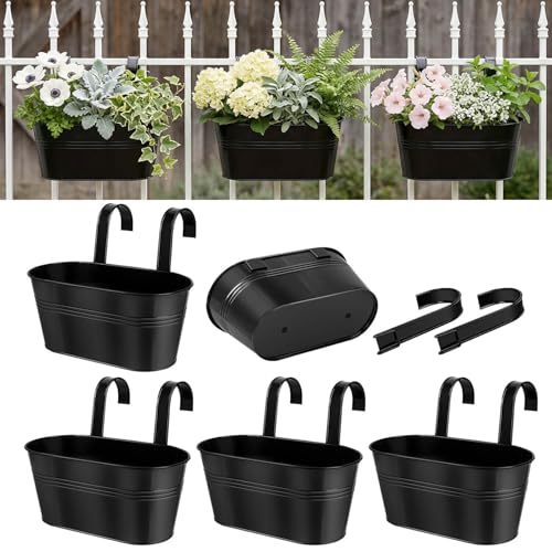 11 Inch Railing Planter Box, 5 Pack Metal Hanging Planters with Hooks - color: Black