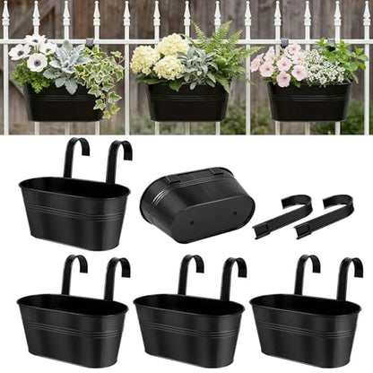 11 Inch Railing Planter Box, 5 Pack Metal Hanging Planters with Hooks - color: Black