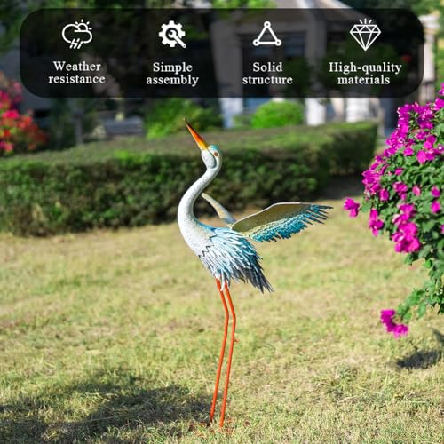 40" Metal Crane Garden Statue, Large Outdoor Heron Sculpture - color: 40 Inch Blue