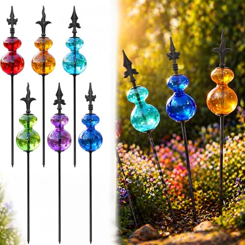 Tandefio 6 Pcs Colorful Blown Glass Garden Stakes Metal Yard Decoration