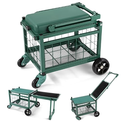 Garden Cart with Seat and 360° Swivel Wheels, Rolling Garden Work Seat with Workbench, Metal Storage Basket, and Tool Bag, Heavy Duty Gardening Carts and Wagons for Seniors