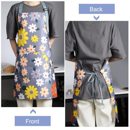 Apron for Women with Pockets, Adjustable Waterproof Floral Chef Aprons for Kitchen, Gardening, Cooking, BBQ or Baking