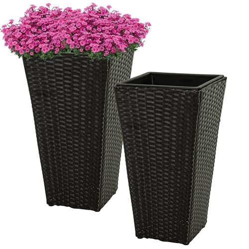 Sunnydaze 20" Square Tall Wicker Outdoor Planter, Black, 2pk - color: Black, size: 20 in