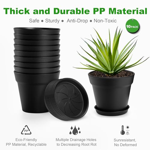 10 Pack 6 inch Plastic Plant Pots with Drainage Holes and Tray - color: Black, size: 10 Pack-6in