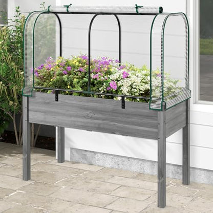 Happygrill Raised Garden Bed with Greenhouse Cover & Legs - color: White+Grey