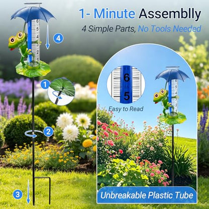 Rain Gauge Outdoor, 0-7 Inch Decorative Frog Rain Gauge with Garden Stake