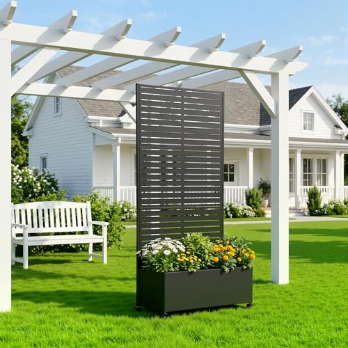 Pia Ricco Planter Box with Trellis, Privacy Planter for Climbing Plants - color: Black-louvered, size: Medium