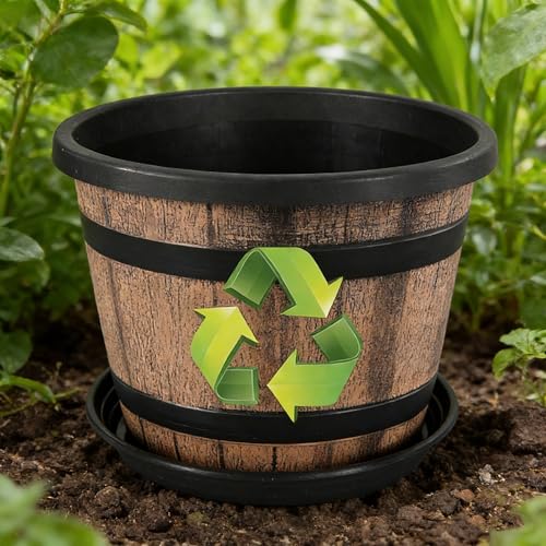 Whiskey Barrel Planters 12 Inch, 5 Pack Plastic Pots with Wood Design - size: 12inch
