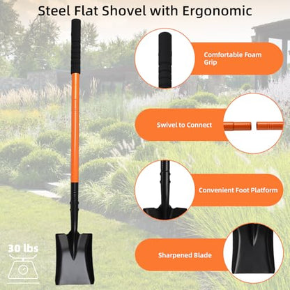 Small Square Shovel 43.3Inches Heavy Duty Garden Tools with Metal Handle, Small Transfer Spade for Digging Camping Car Beach Shovel, Orange - color: Orange