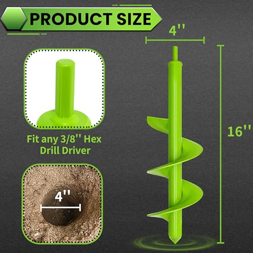 Auger Drill Bit for Planting - 4"X16" Heavy-Duty Garden Auger Spiral Drill Bit - Bulb Planter Tool & Auger Post Hole Digger - 3/8" Hex Drive Drill - size: 4"x16"(Green)