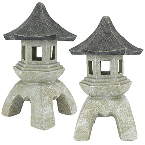 Design Toscano Asian Decor Pagoda Lantern Indoor/Outdoor Statue, Set of 2 Large, Cast Stone Resin, Two Tone Stone Finish - color: Two-tone Stone, size: Large (Set of 2), style: Pagoda Lantern Statue